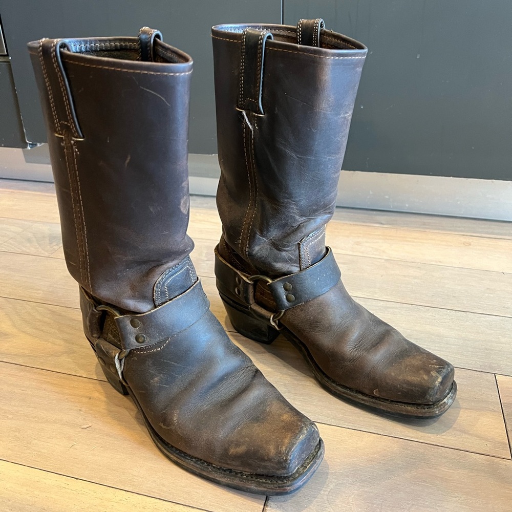 Frye harness boots, brown leather size 8